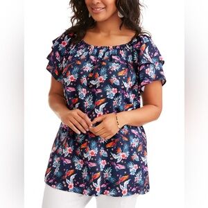7. Terra & Sky Floral Double Layer Off The Shoulder Sleeve Peasant Top! Size 1X.